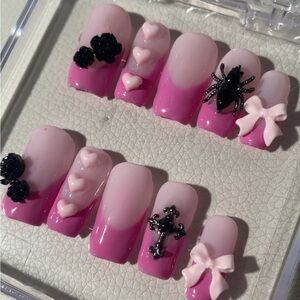 Pink Ombre Nail Set with Black and Pink Accents